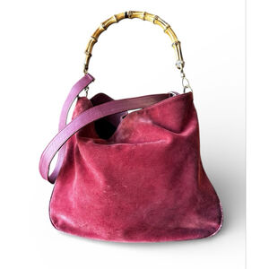 Gucci Red Suede Bamboo Handle Hobo Bag w/ Shoulder Strap